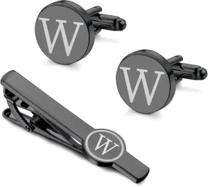 IRONBOX Initial Cufflinks and Tie Clip Set for Men Personalized Black Cuff Links and Tie Bar Letter Alphabet A-Z Gift with Box for Father Husband Groommens