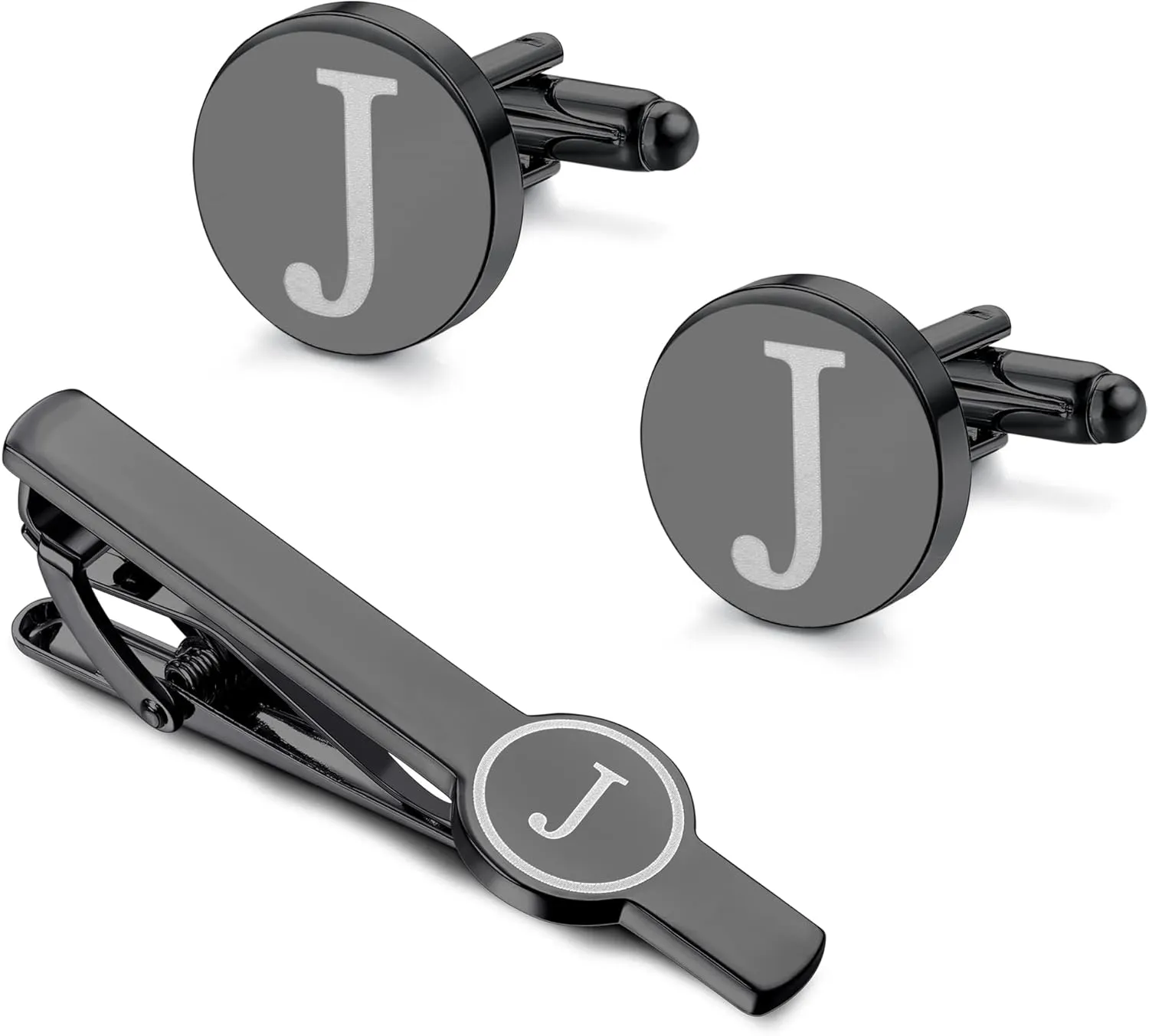 IRONBOX Initial Cufflinks and Tie Clip Set for Men Personalized Black Cuff Links and Tie Bar Letter Alphabet A-Z Gift with Box for Father Husband Groommens