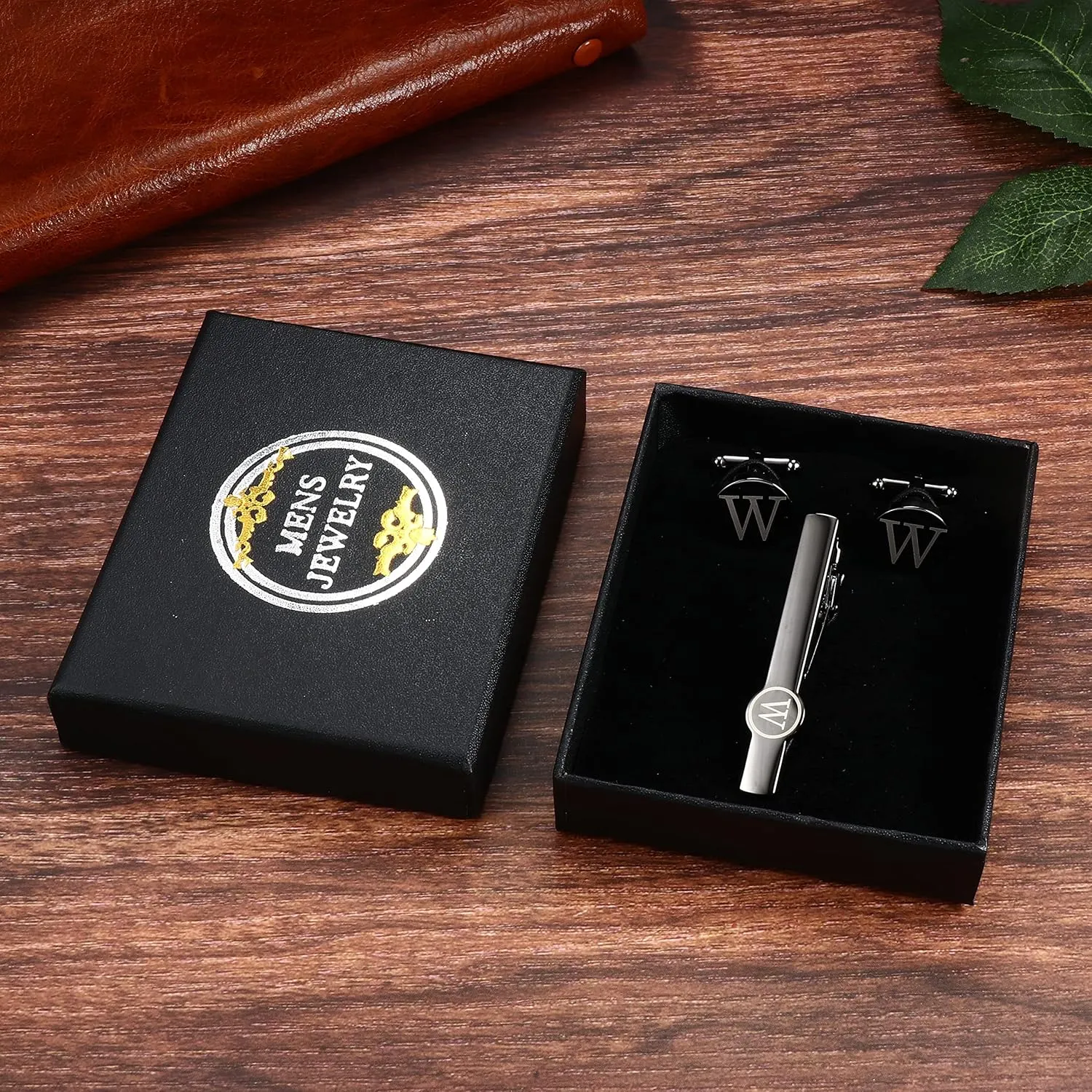 IRONBOX Initial Cufflinks and Tie Clip Set for Men Personalized Black Cuff Links and Tie Bar Letter Alphabet A-Z Gift with Box for Father Husband Groommens
