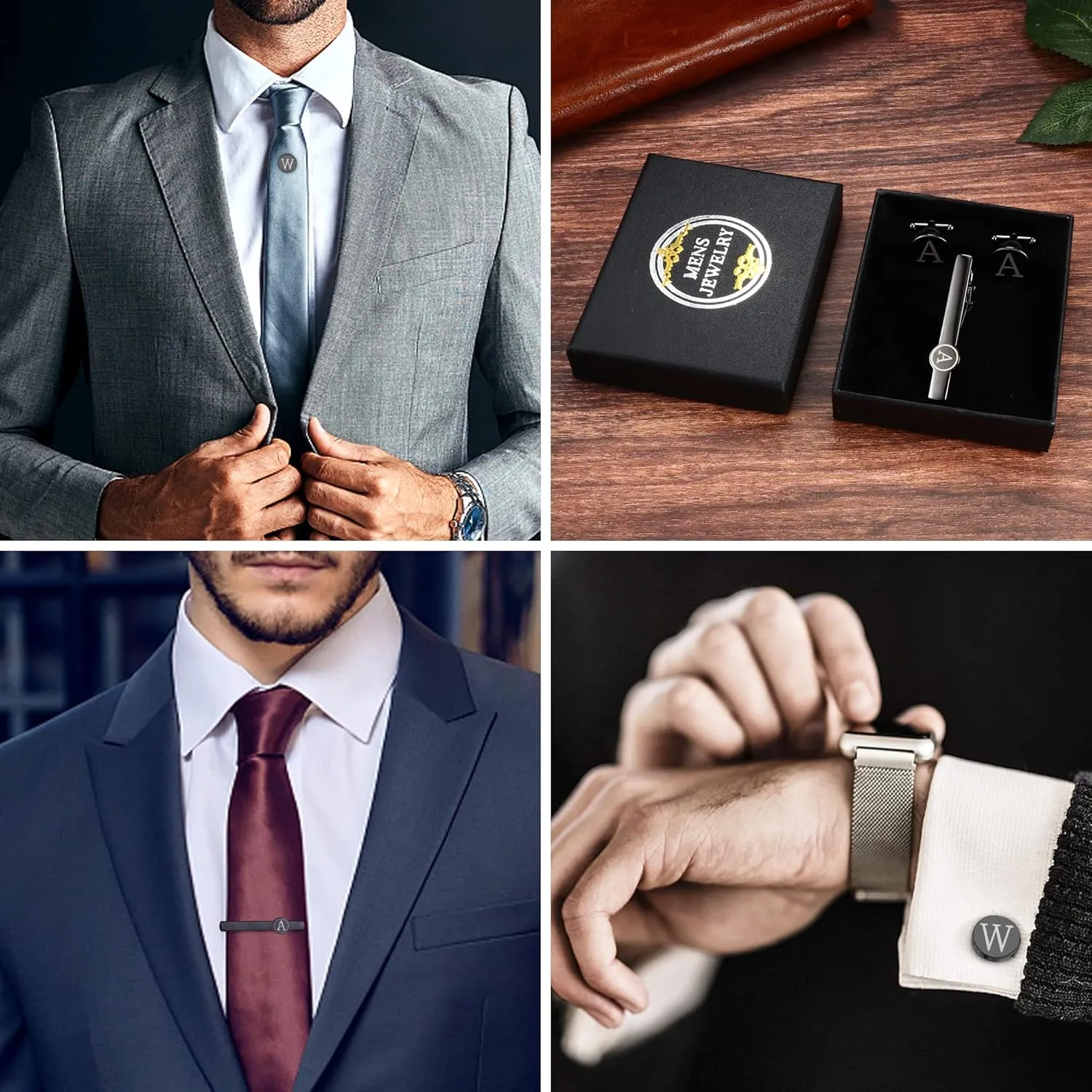 IRONBOX Initial Cufflinks and Tie Clip Set for Men Personalized Black Cuff Links and Tie Bar Letter Alphabet A-Z Gift with Box for Father Husband Groommens