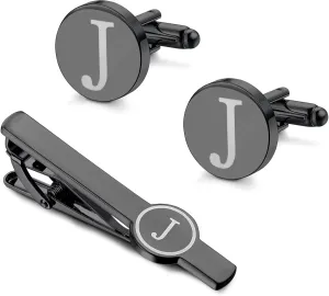 IRONBOX Initial Cufflinks and Tie Clip Set for Men Personalized Black Cuff Links and Tie Bar Letter Alphabet A-Z Gift with Box for Father Husband Groommens
