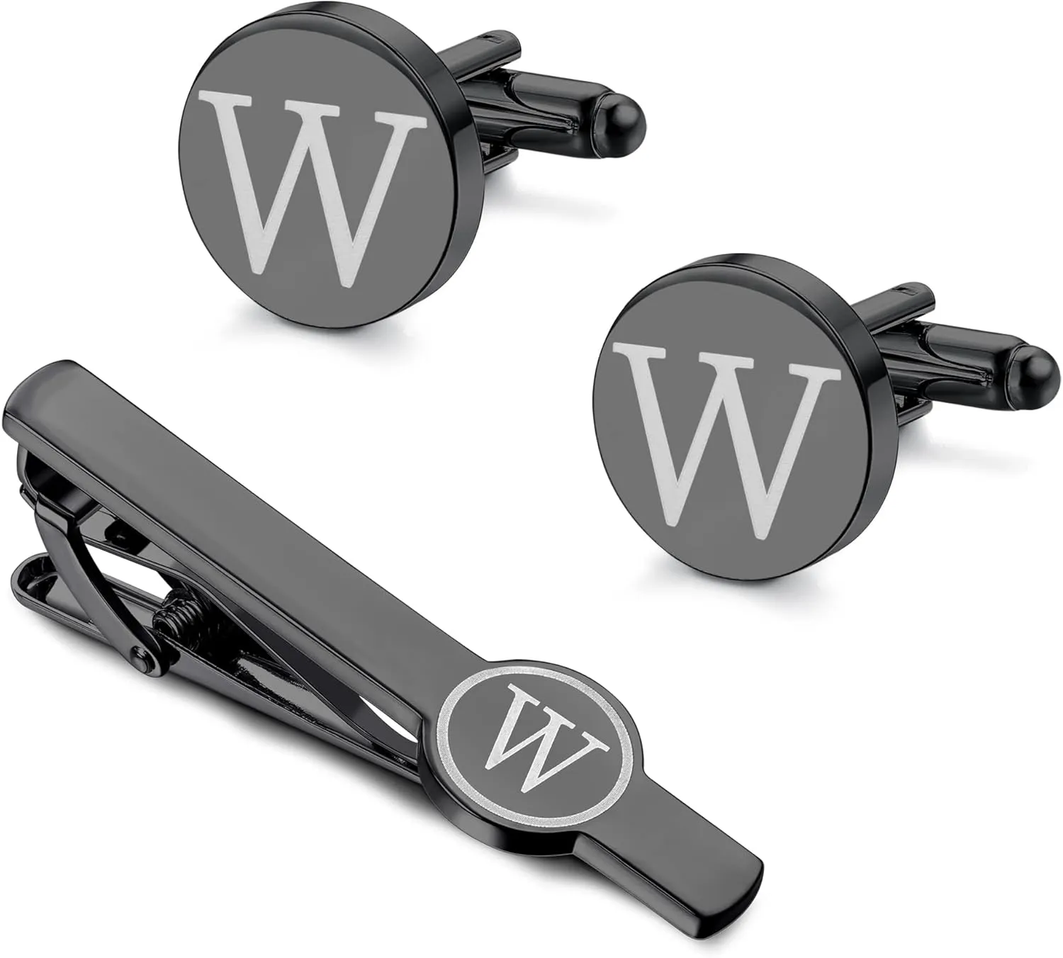 IRONBOX Initial Cufflinks and Tie Clip Set for Men Personalized Black Cuff Links and Tie Bar Letter Alphabet A-Z Gift with Box for Father Husband Groommens