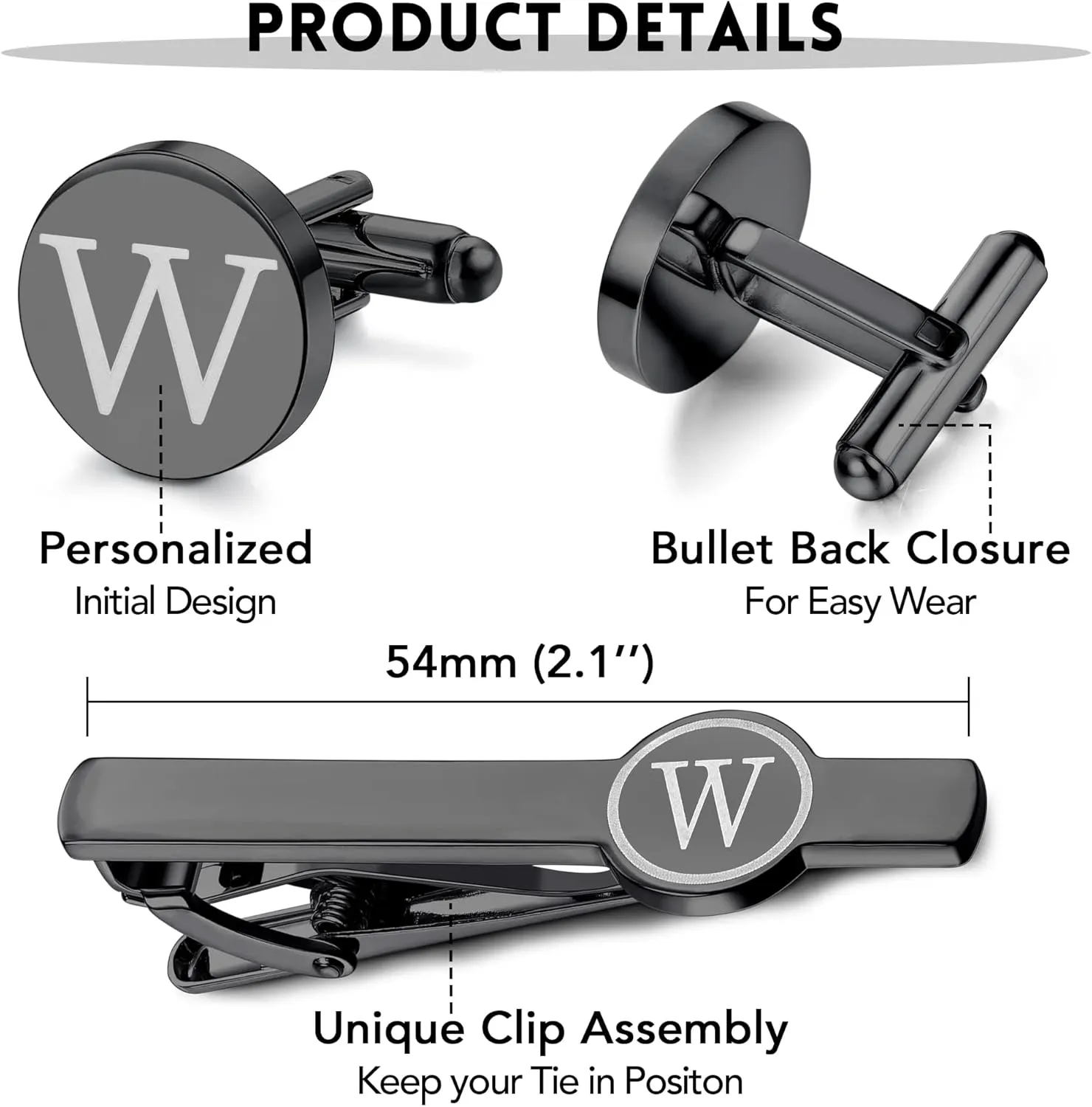 IRONBOX Initial Cufflinks and Tie Clip Set for Men Personalized Black Cuff Links and Tie Bar Letter Alphabet A-Z Gift with Box for Father Husband Groommens