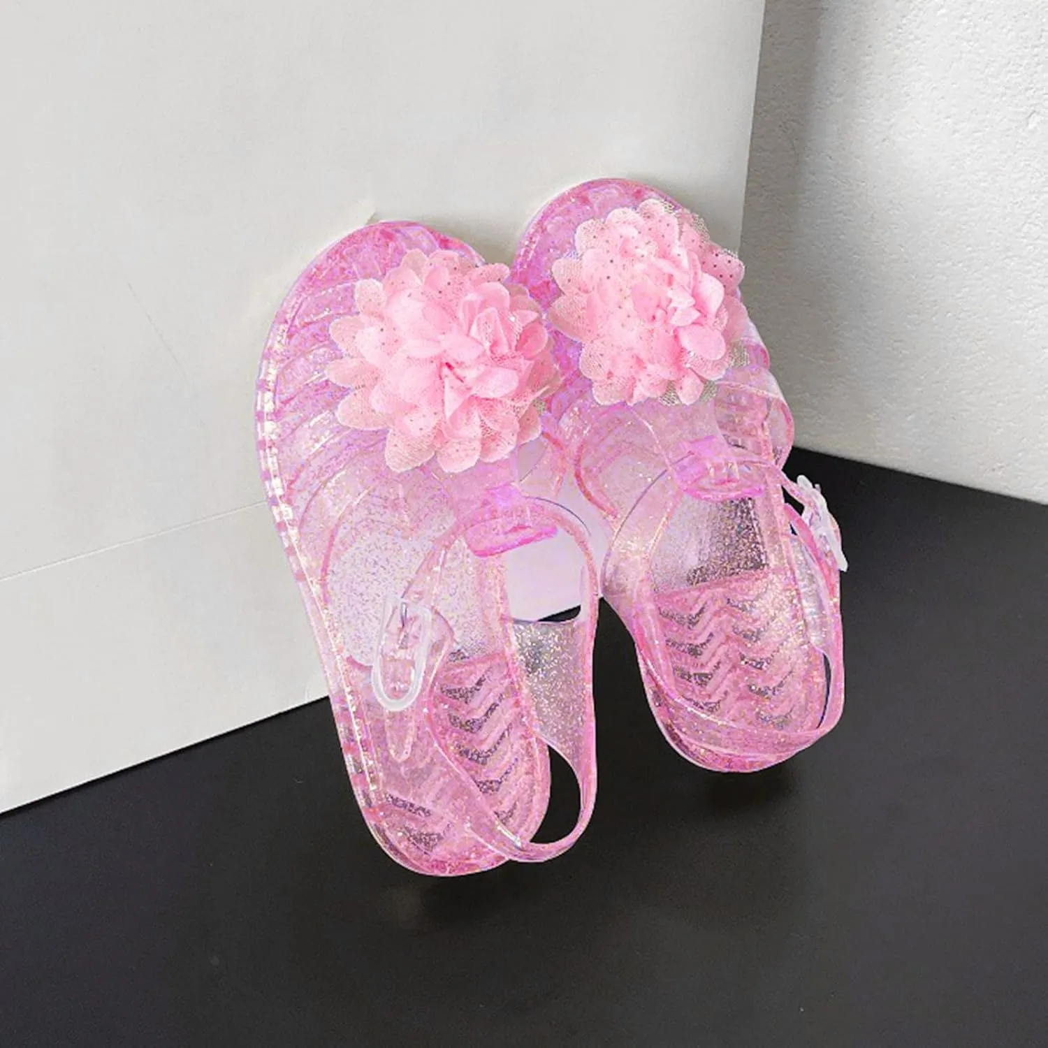 Jelly Sandals for Toddler Girls Sequin Flower Princess Shoes Closed Toe Mary Jane Shoes Casual Kids Summer Beach Flat Sandals