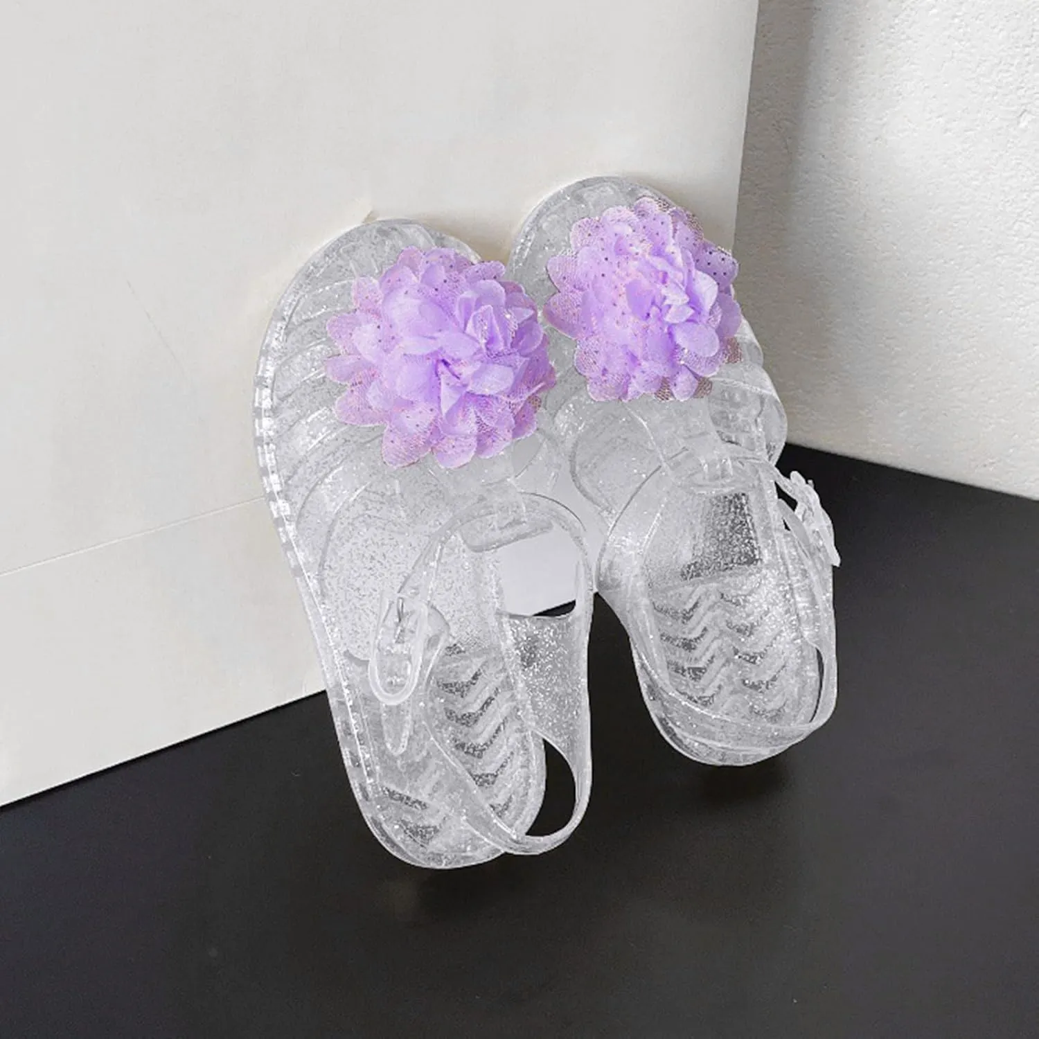 Jelly Sandals for Toddler Girls Sequin Flower Princess Shoes Closed Toe Mary Jane Shoes Casual Kids Summer Beach Flat Sandals
