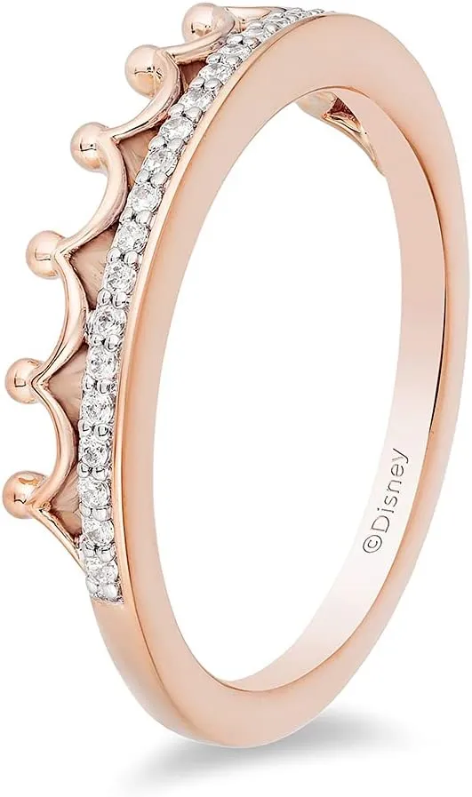 Jewelili Enchanted Disney Fine Jewelry 10K Rose Gold 1/10 Cttw Diamond Majestic Princess Tiara Ring