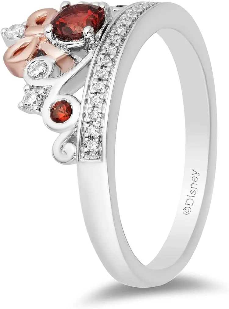 Jewelili Enchanted Disney Fine Jewelry 14K Rose Gold over Sterling Silver 1/10 Cttw Diamond and Red Garnet Snow White Tiara Ring