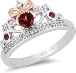Jewelili Enchanted Disney Fine Jewelry 14K Rose Gold over Sterling Silver 1/10 Cttw Diamond and Red Garnet Snow White Tiara Ring