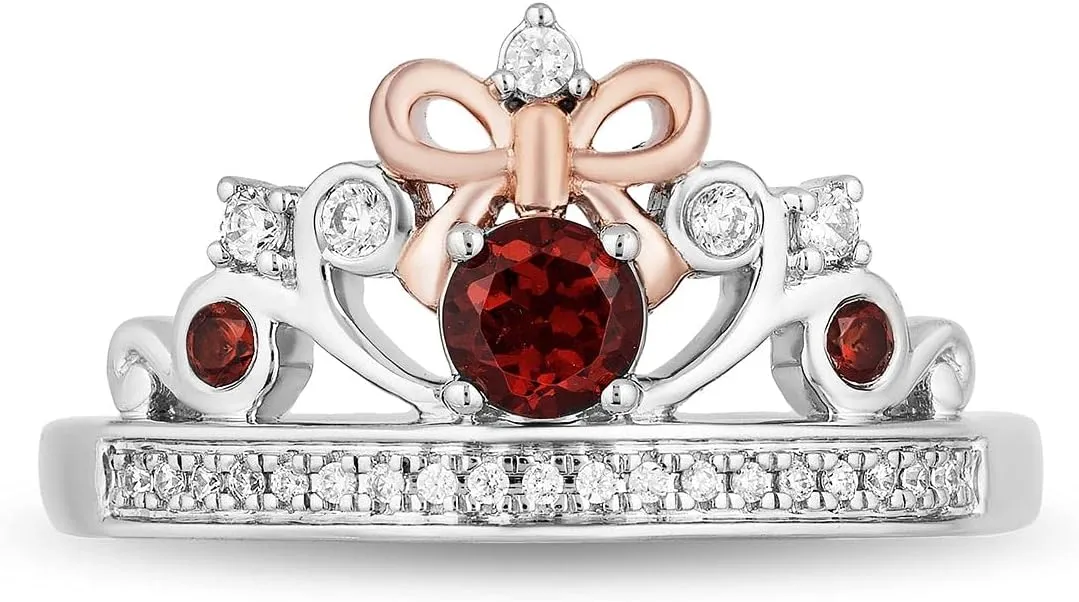 Jewelili Enchanted Disney Fine Jewelry 14K Rose Gold over Sterling Silver 1/10 Cttw Diamond and Red Garnet Snow White Tiara Ring
