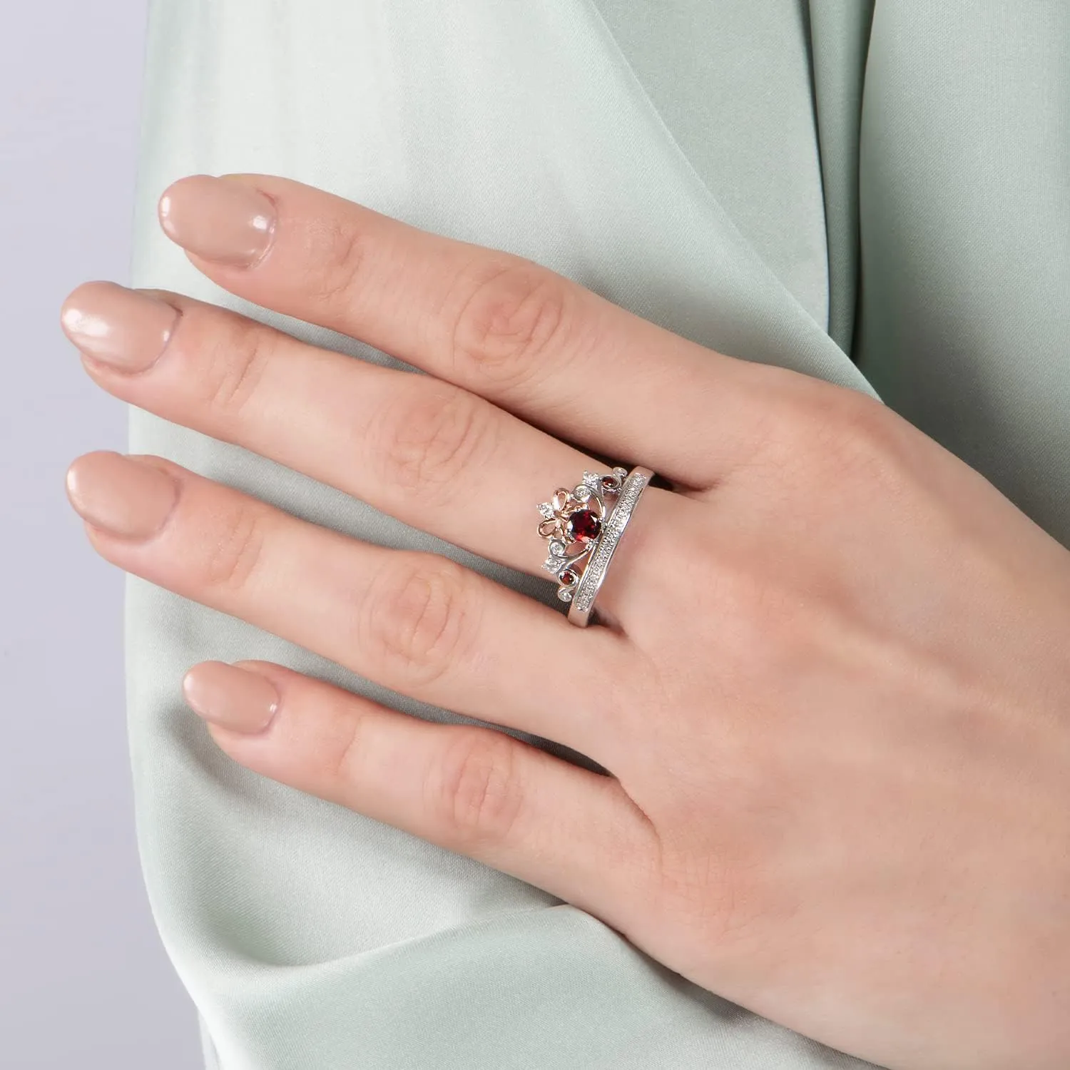 Jewelili Enchanted Disney Fine Jewelry 14K Rose Gold over Sterling Silver 1/10 Cttw Diamond and Red Garnet Snow White Tiara Ring