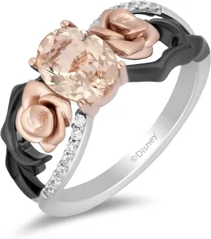 Jewelili Enchanted Disney Fine Jewelry Black Rhodium over Sterling Silver and 10K Rose Gold with 1/10 CTTW Diamond and Morganite Aurora Ring