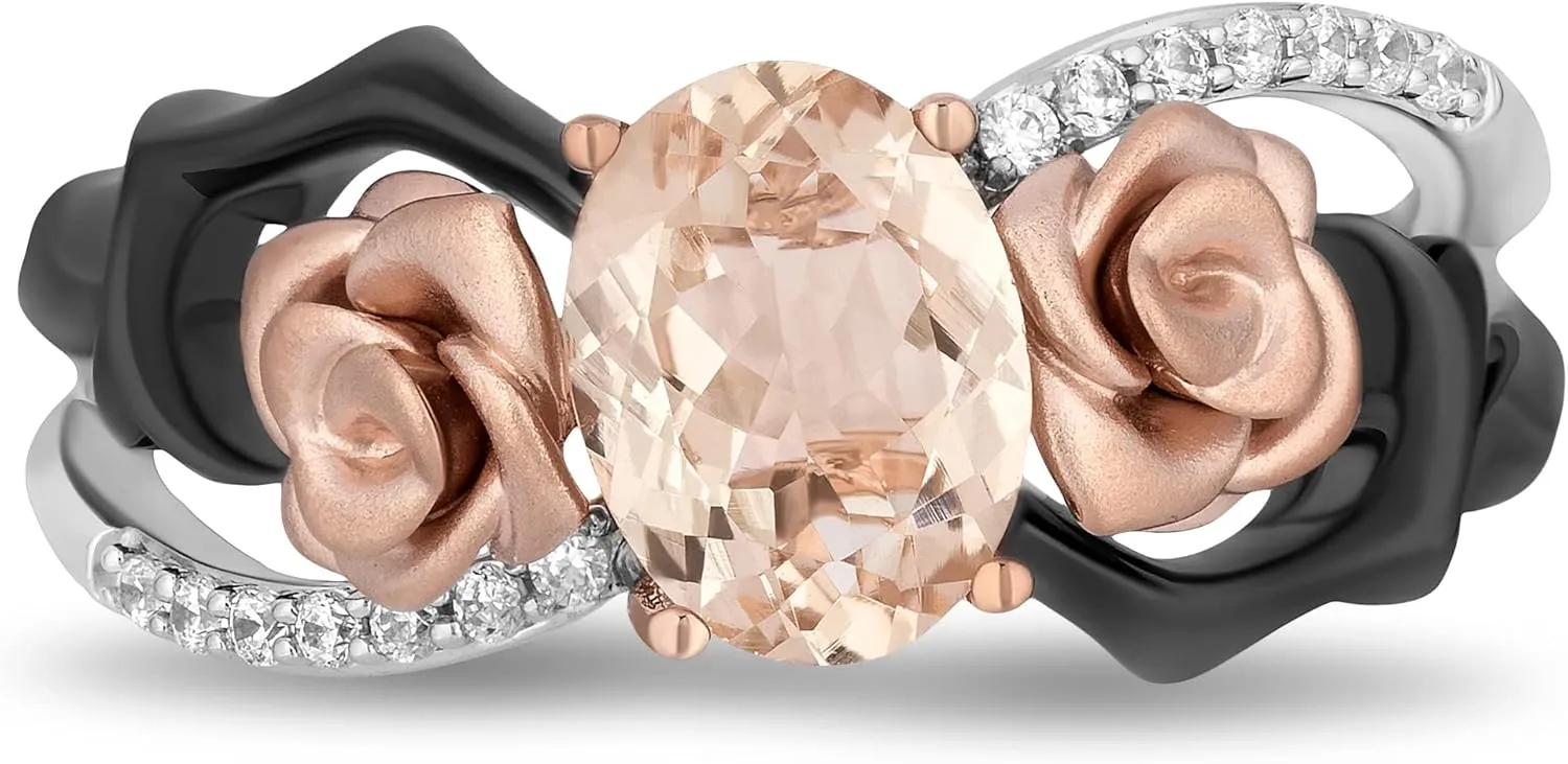 Jewelili Enchanted Disney Fine Jewelry Black Rhodium over Sterling Silver and 10K Rose Gold with 1/10 CTTW Diamond and Morganite Aurora Ring