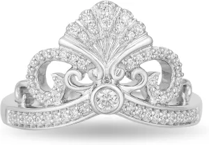 Jewelili Enchanted Disney Fine Jewelry Sterling Silver 1/5 Cttw Diamond Ariel Shell Tiara Ring.