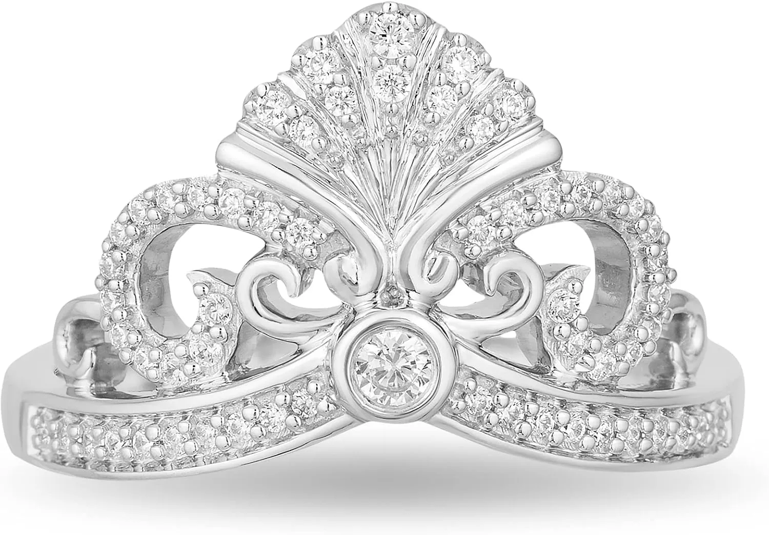Jewelili Enchanted Disney Fine Jewelry Sterling Silver 1/5 Cttw Diamond Ariel Shell Tiara Ring.