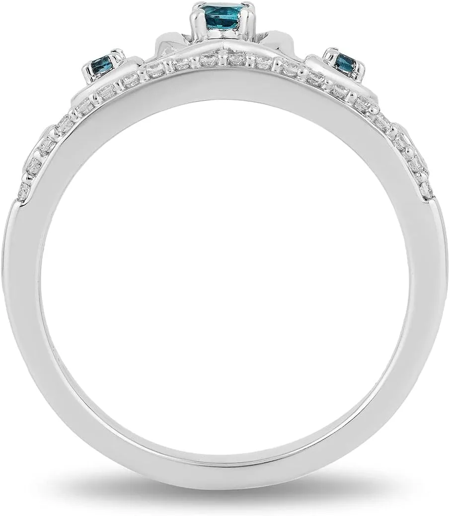Jewelili Enchanted Disney Fine Jewelry Sterling Silver 2.7MM and 1.7MM Round Cut London Blue Topaz with 1/6 Cttw Natural White Round Diamonds Cinderella Tiara Ring