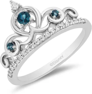 Jewelili Enchanted Disney Fine Jewelry Sterling Silver 2.7MM and 1.7MM Round Cut London Blue Topaz with 1/6 Cttw Natural White Round Diamonds Cinderella Tiara Ring