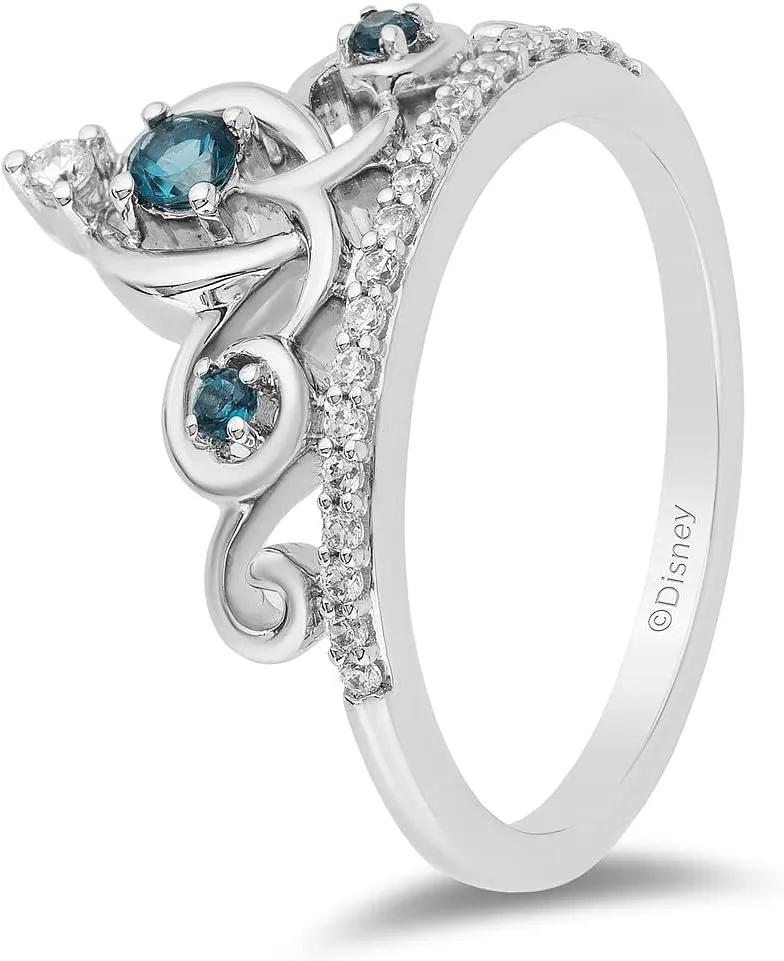 Jewelili Enchanted Disney Fine Jewelry Sterling Silver 2.7MM and 1.7MM Round Cut London Blue Topaz with 1/6 Cttw Natural White Round Diamonds Cinderella Tiara Ring
