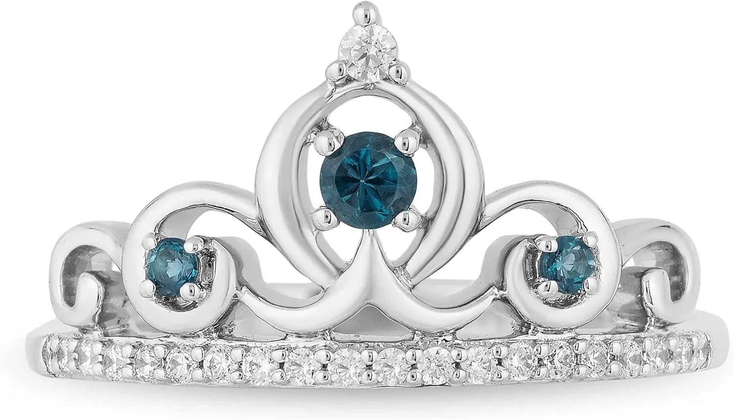 Jewelili Enchanted Disney Fine Jewelry Sterling Silver 2.7MM and 1.7MM Round Cut London Blue Topaz with 1/6 Cttw Natural White Round Diamonds Cinderella Tiara Ring