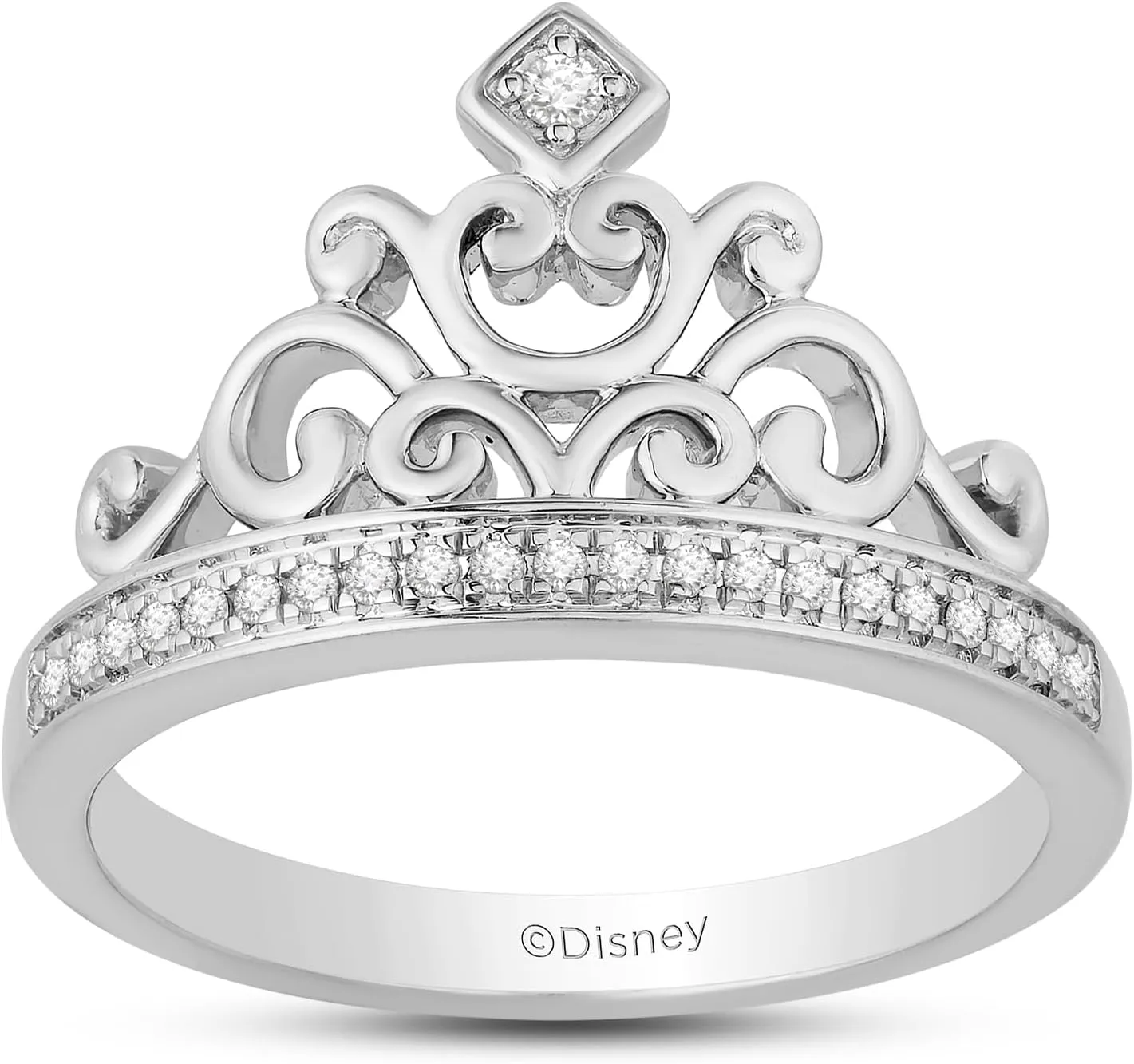 Jewelili Enchanted Disney Fine Jewelry Sterling Silver with 1/10 CTTW Diamond Majestic Princess Tiara Ring