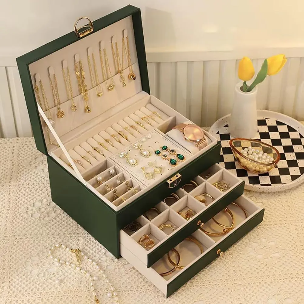 Jewelry Box, 3-Layer Jewelry Organizer Box for Women Girls, PU Leather Jewelry Storage Case for Earrings, Bracelets, Rings, Watches,Necklaces, Ladies Jewelry Box, Dark Green