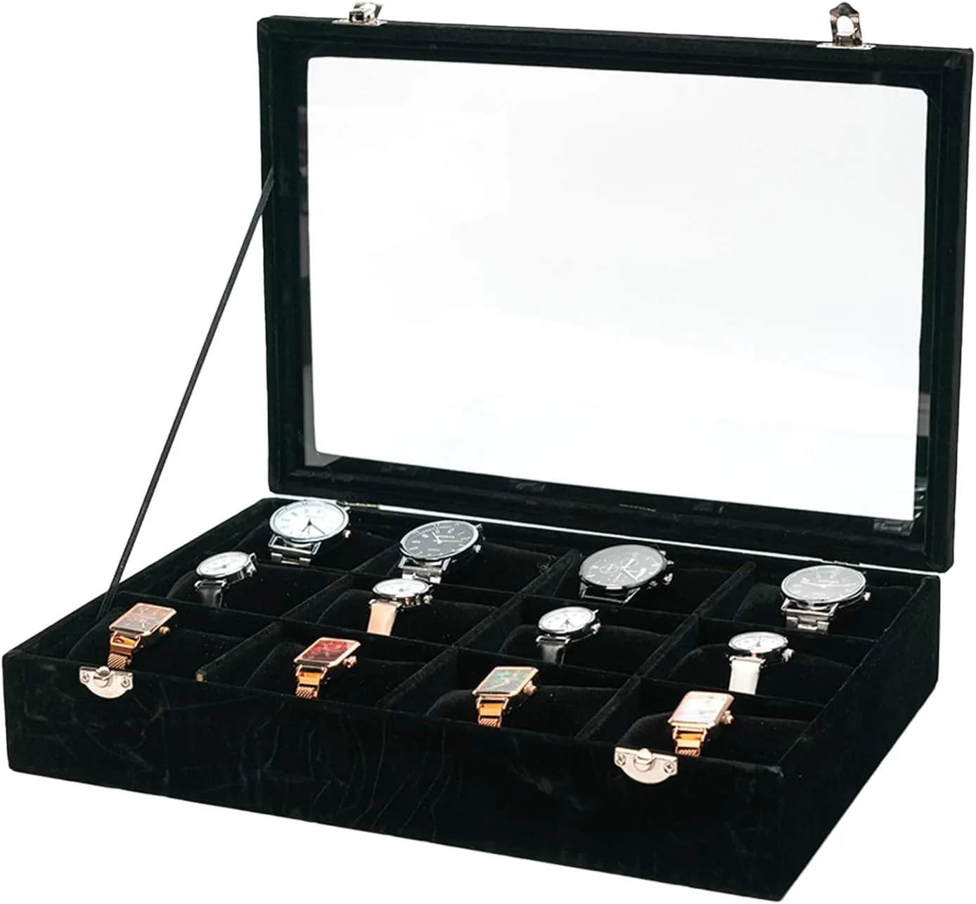 Jewelry Watch Tray, Black Velvet Watch Jewelry Organizer 12 Grid, Stackable Watch Bracelet Bangle Display Holder, with Clear Lid Adjustable Pillows, for Man Woman Show Birthday