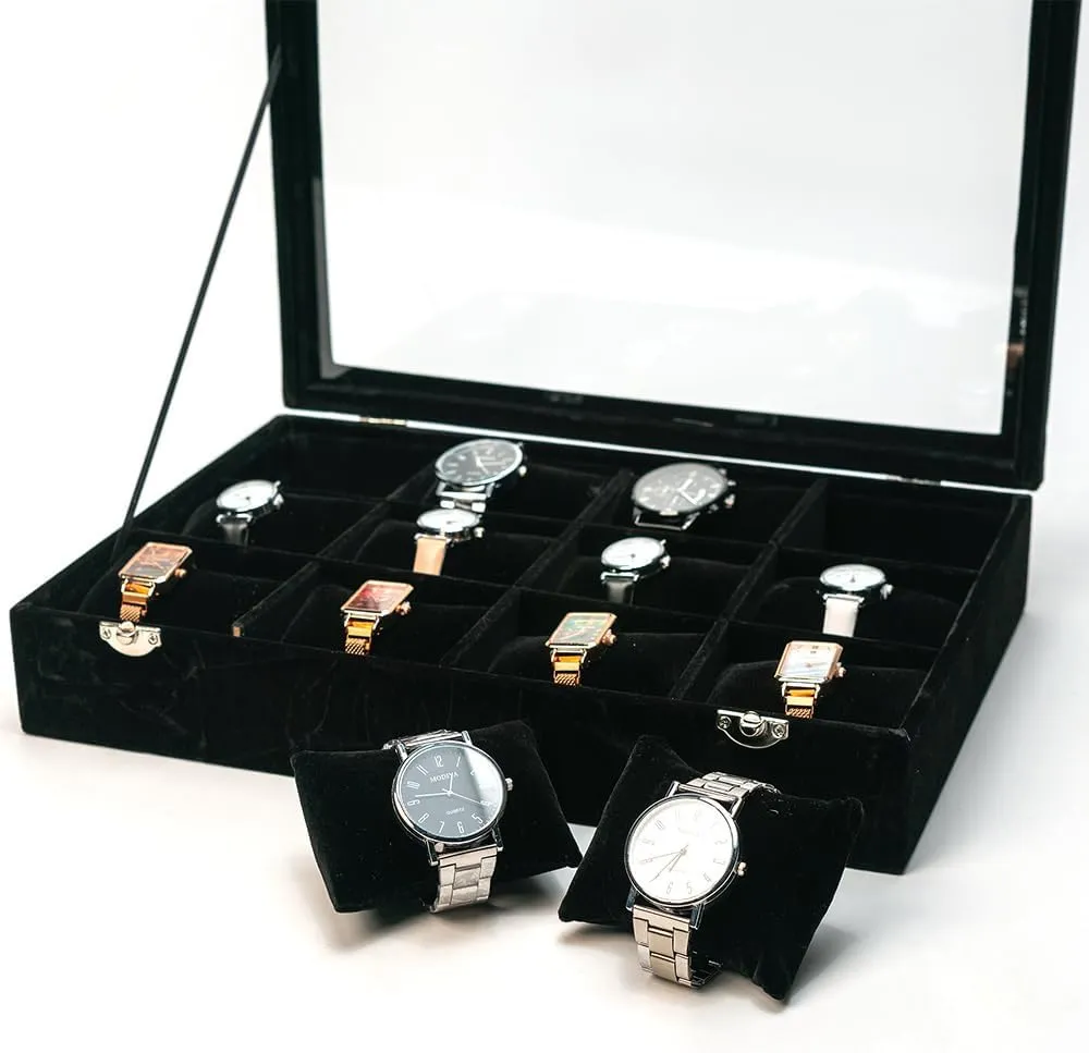 Jewelry Watch Tray, Black Velvet Watch Jewelry Organizer 12 Grid, Stackable Watch Bracelet Bangle Display Holder, with Clear Lid Adjustable Pillows, for Man Woman Show Birthday