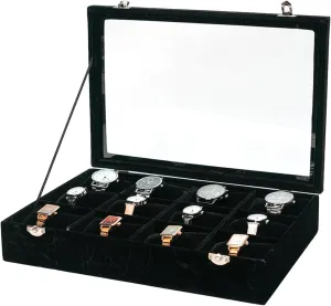 Jewelry Watch Tray, Black Velvet Watch Jewelry Organizer 12 Grid, Stackable Watch Bracelet Bangle Display Holder, with Clear Lid Adjustable Pillows, for Man Woman Show Birthday