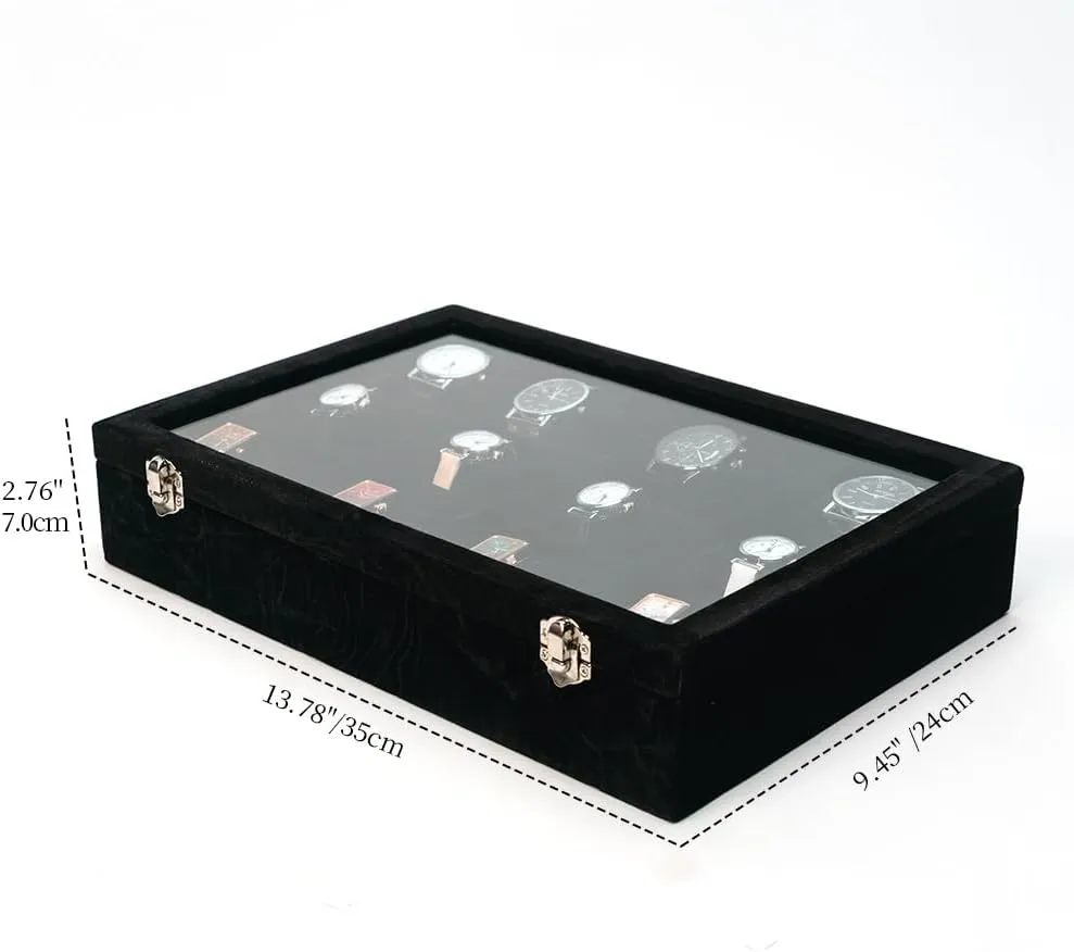 Jewelry Watch Tray, Black Velvet Watch Jewelry Organizer 12 Grid, Stackable Watch Bracelet Bangle Display Holder, with Clear Lid Adjustable Pillows, for Man Woman Show Birthday