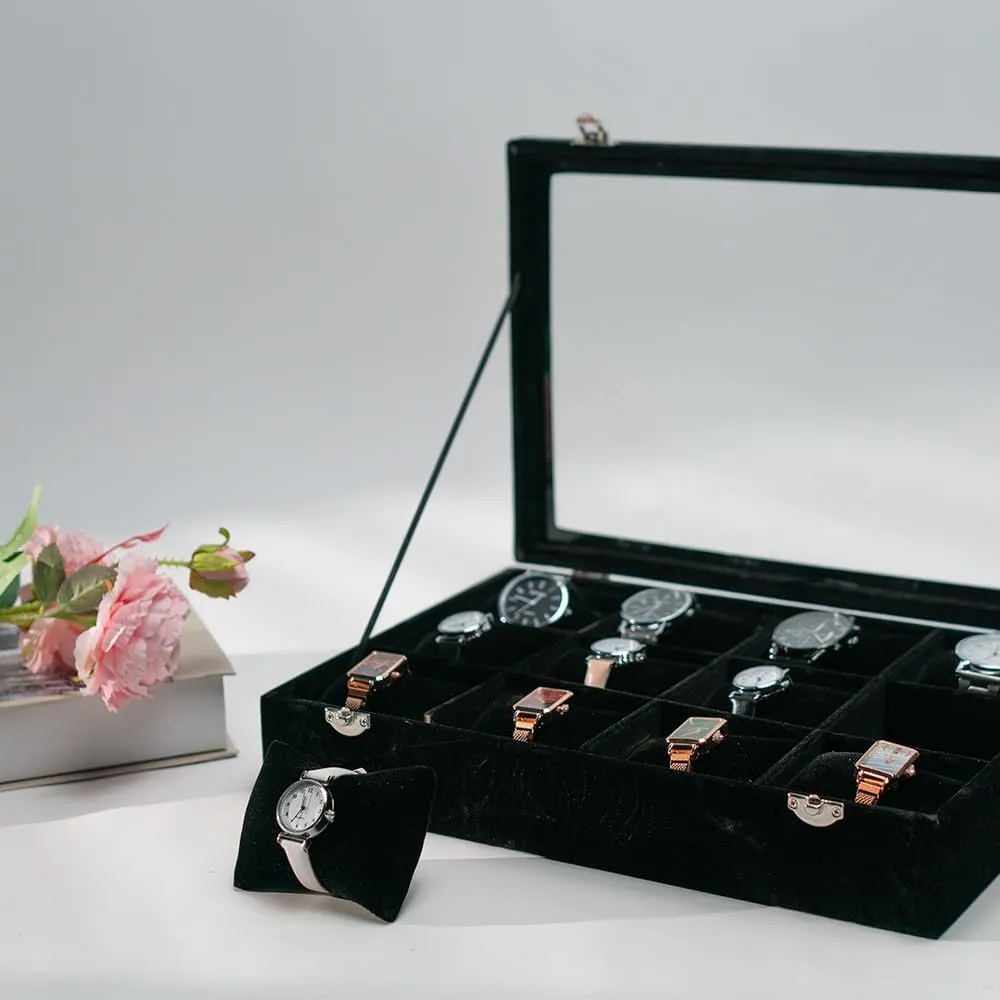 Jewelry Watch Tray, Black Velvet Watch Jewelry Organizer 12 Grid, Stackable Watch Bracelet Bangle Display Holder, with Clear Lid Adjustable Pillows, for Man Woman Show Birthday