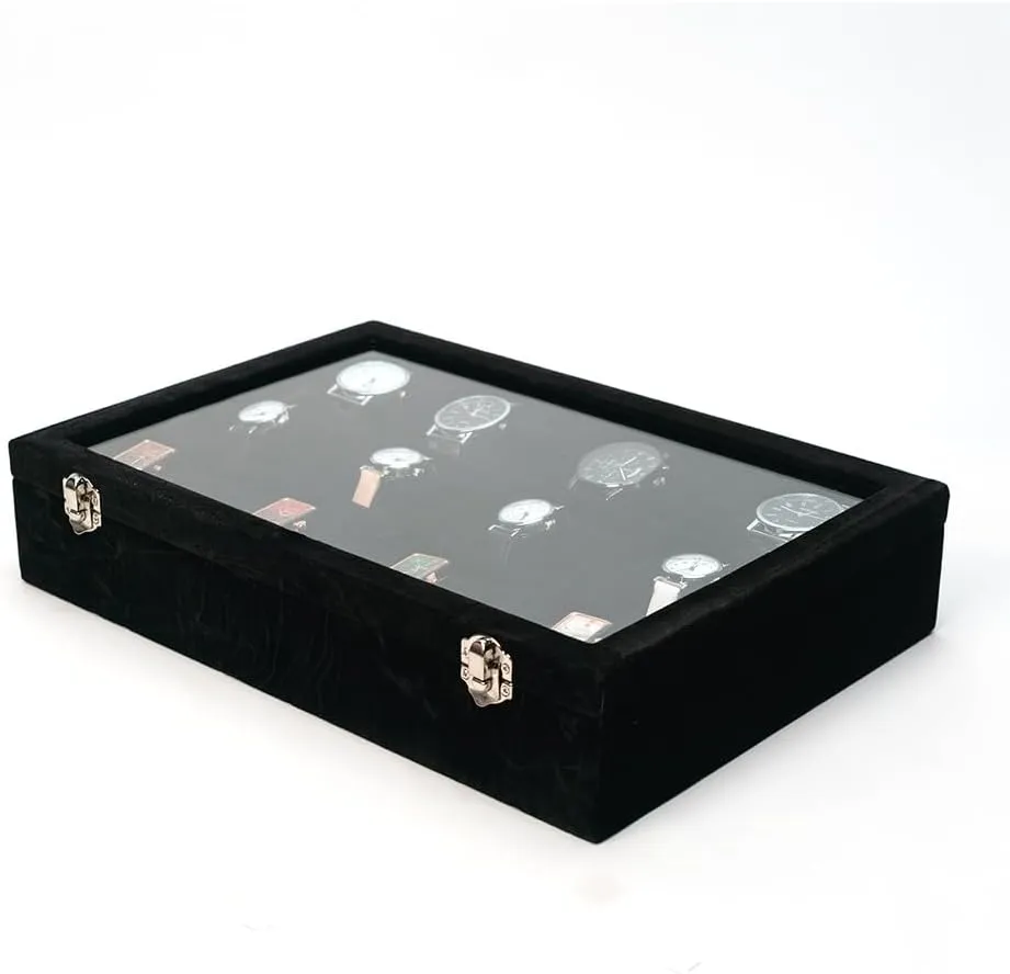 Jewelry Watch Tray, Black Velvet Watch Jewelry Organizer 12 Grid, Stackable Watch Bracelet Bangle Display Holder, with Clear Lid Adjustable Pillows, for Man Woman Show Birthday