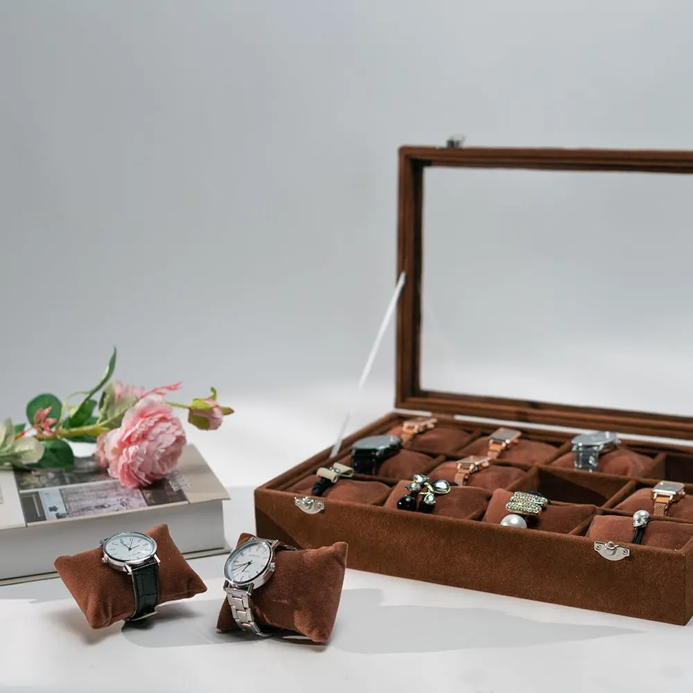 Jewelry Watch Tray, Brown Velvet Watch Jewelry Organizer 12 Grid, Stackable Watch Bracelet Bangle Display Holder, with Clear Lid Adjustable Pillows, for Man Woman Show Birthday