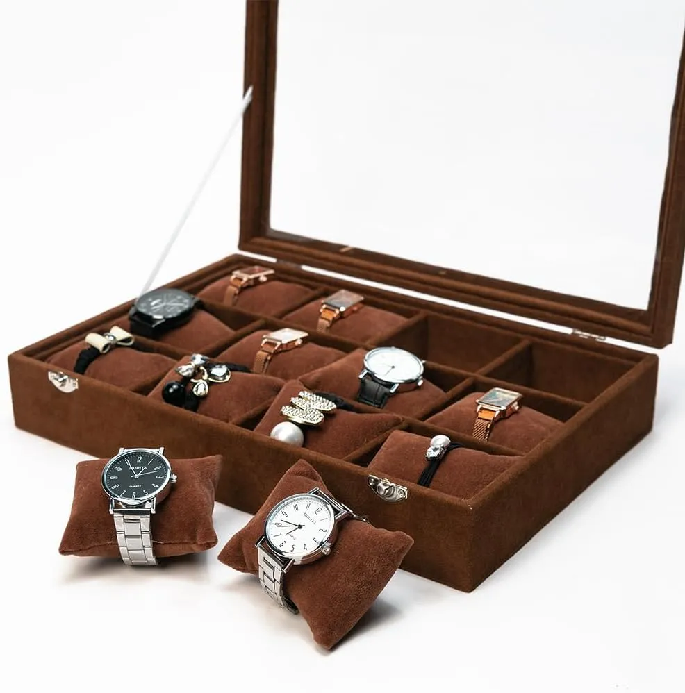 Jewelry Watch Tray, Brown Velvet Watch Jewelry Organizer 12 Grid, Stackable Watch Bracelet Bangle Display Holder, with Clear Lid Adjustable Pillows, for Man Woman Show Birthday