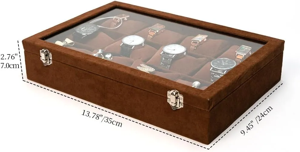 Jewelry Watch Tray, Brown Velvet Watch Jewelry Organizer 12 Grid, Stackable Watch Bracelet Bangle Display Holder, with Clear Lid Adjustable Pillows, for Man Woman Show Birthday