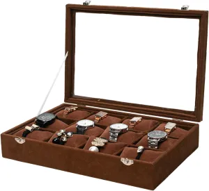 Jewelry Watch Tray, Brown Velvet Watch Jewelry Organizer 12 Grid, Stackable Watch Bracelet Bangle Display Holder, with Clear Lid Adjustable Pillows, for Man Woman Show Birthday