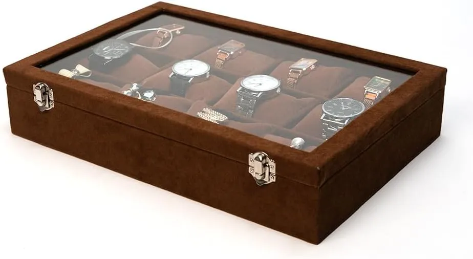 Jewelry Watch Tray, Brown Velvet Watch Jewelry Organizer 12 Grid, Stackable Watch Bracelet Bangle Display Holder, with Clear Lid Adjustable Pillows, for Man Woman Show Birthday