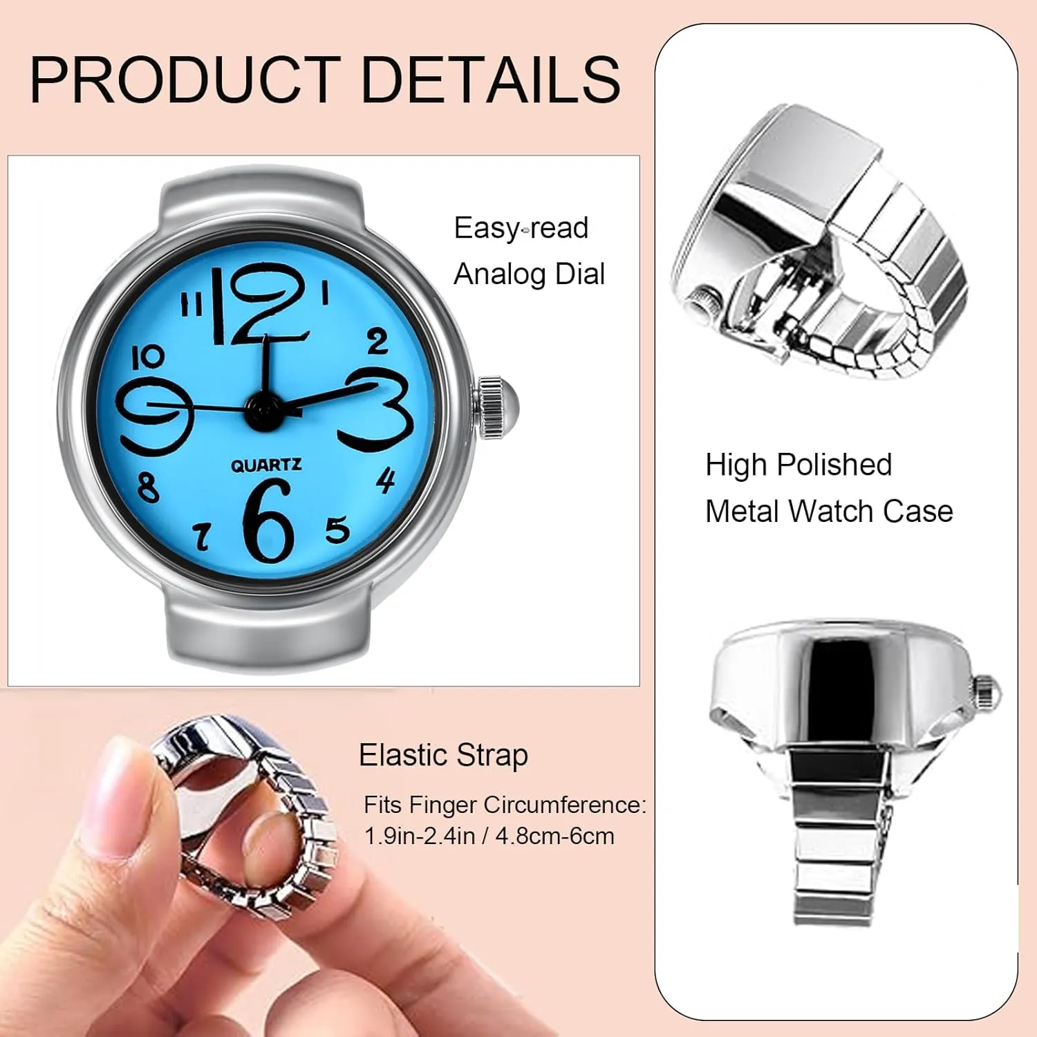 JewelryWe Men Women Finger Watch Creative Elastic Round Quartz Finger Ring Watches