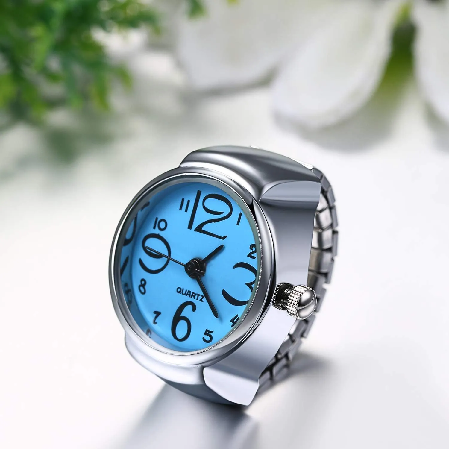 JewelryWe Men Women Finger Watch Creative Elastic Round Quartz Finger Ring Watches