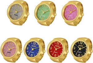 JewelryWe Men Women Finger Watches Set Wholesale Gold Silver Plated Elastic Watch Rings Round Quartz Ring Watches