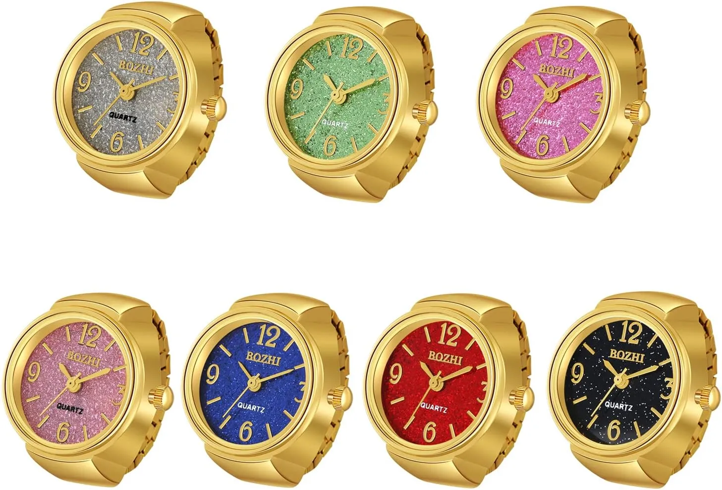 JewelryWe Men Women Finger Watches Set Wholesale Gold Silver Plated Elastic Watch Rings Round Quartz Ring Watches