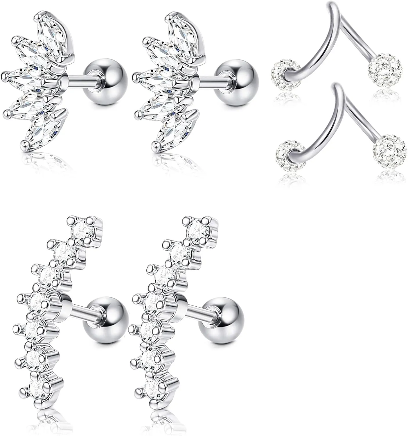 JOERICA 3 Pairs Stainless Steel Silver Ear Cartilage Earrings for Women Tragus Helix Earring Cute Conch Flat Back Piercing Jewelry 16G