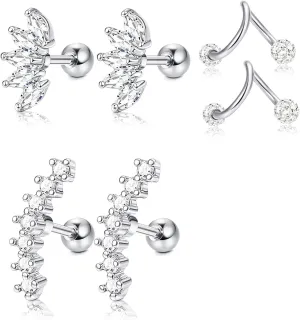 JOERICA 3 Pairs Stainless Steel Silver Ear Cartilage Earrings for Women Tragus Helix Earring Cute Conch Flat Back Piercing Jewelry 16G