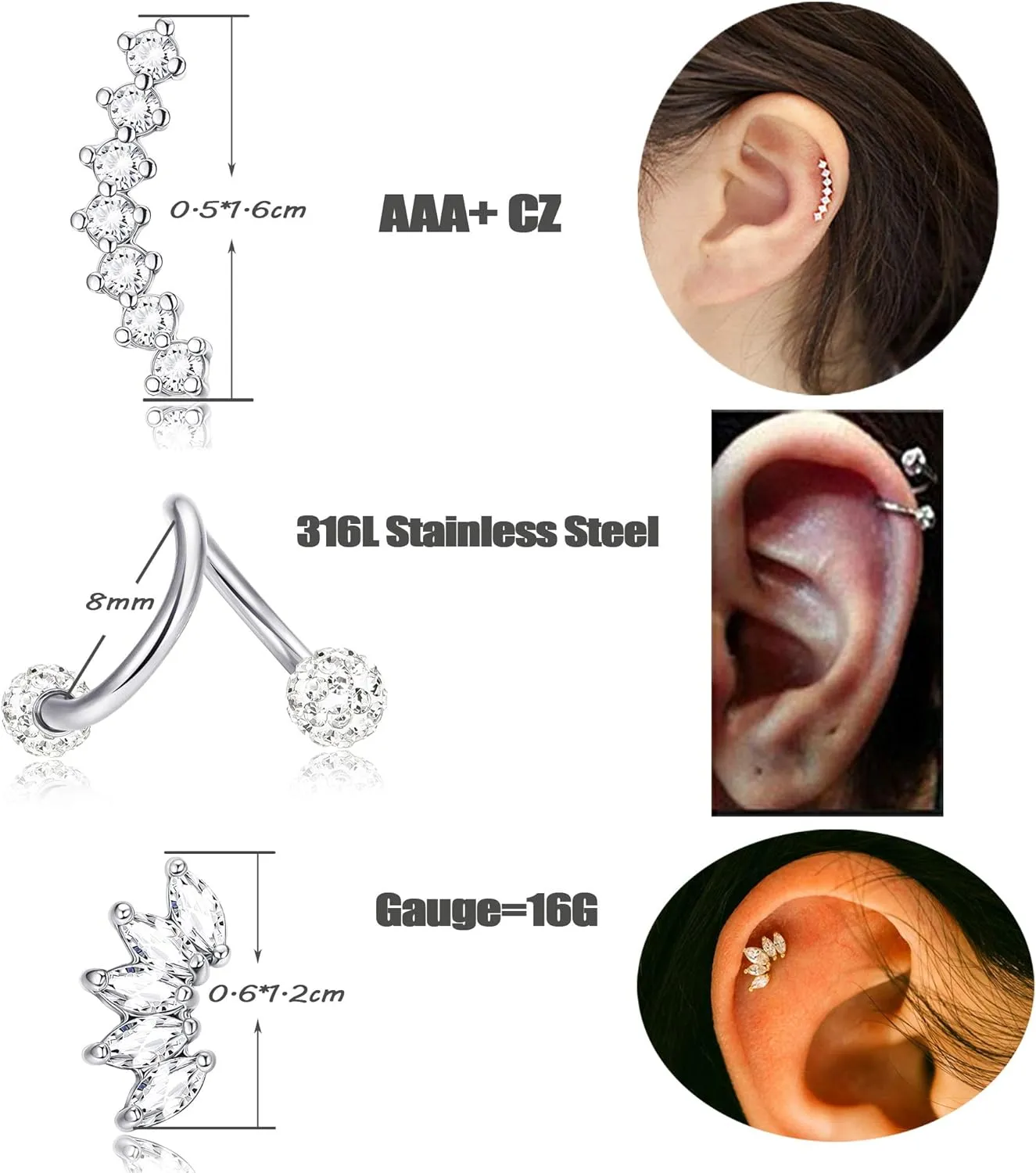 JOERICA 3 Pairs Stainless Steel Silver Ear Cartilage Earrings for Women Tragus Helix Earring Cute Conch Flat Back Piercing Jewelry 16G