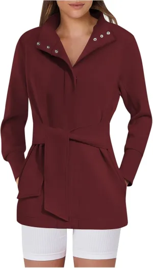 jsaierl Jackets for Women Belted Casual Long Sleeve Wrap Trench Coat 2024 Fall Trendy Button Up Lapel Dressy Outerwear