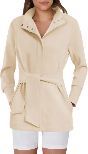 jsaierl Jackets for Women Belted Casual Long Sleeve Wrap Trench Coat 2024 Fall Trendy Button Up Lapel Dressy Outerwear