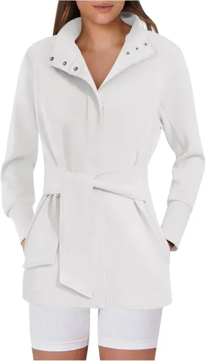 jsaierl Jackets for Women Belted Casual Long Sleeve Wrap Trench Coat 2024 Fall Trendy Button Up Lapel Dressy Outerwear