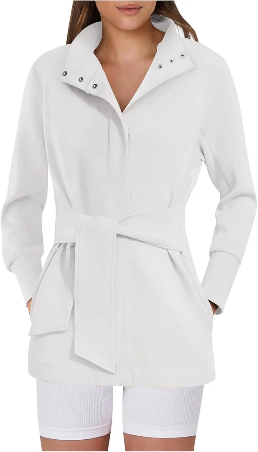 jsaierl Jackets for Women Belted Casual Long Sleeve Wrap Trench Coat 2024 Fall Trendy Button Up Lapel Dressy Outerwear