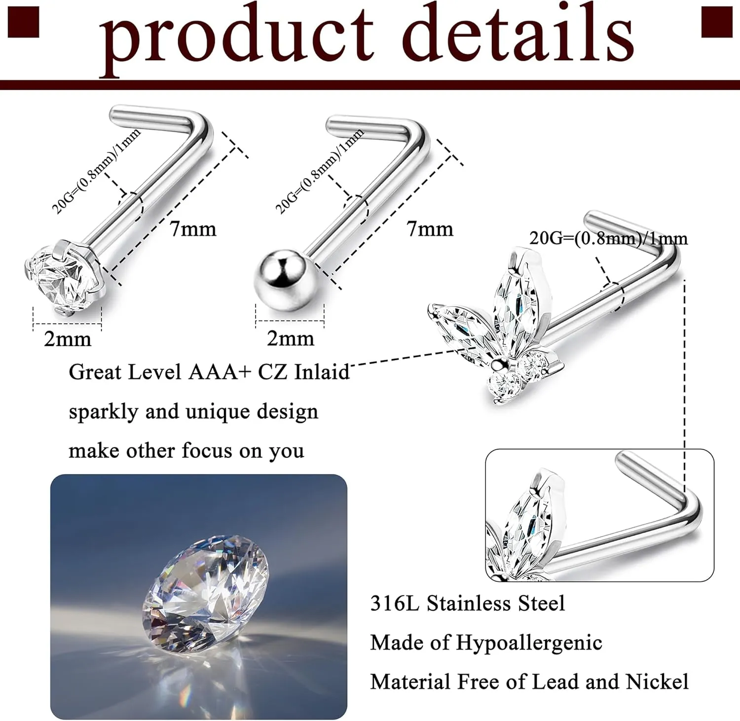 Jstyle Hypoallergenic Nose Rings 30Pcs 18G 20G Surgical Stainless Steel Nose Ring Studs Heart Opal CZ Straight L Shaped Screw Nose Rings Labret Nose Piercing Jewelry for Women Men
