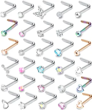Jstyle Hypoallergenic Nose Rings 30Pcs 18G 20G Surgical Stainless Steel Nose Ring Studs Heart Opal CZ Straight L Shaped Screw Nose Rings Labret Nose Piercing Jewelry for Women Men