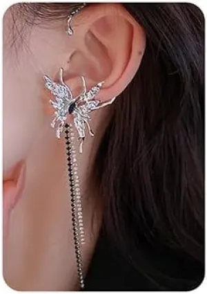 Jumwrit Silver Butterfly Earrings Ear Cuffs Long Tassel Rhinestone Earrings Fairy Ear Cuffs for Women Costume Cosplay Party Stud Earrings(2PCS)