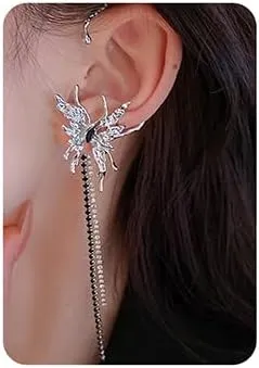 Jumwrit Silver Butterfly Earrings Ear Cuffs Long Tassel Rhinestone Earrings Fairy Ear Cuffs for Women Costume Cosplay Party Stud Earrings(2PCS)